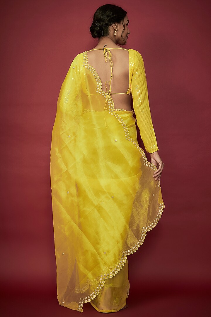 Lemon Yellow Recycled Satin Zardosi Embroidered Wedding Saree Set by Phatakaa at Pernia's Pop Up Shop