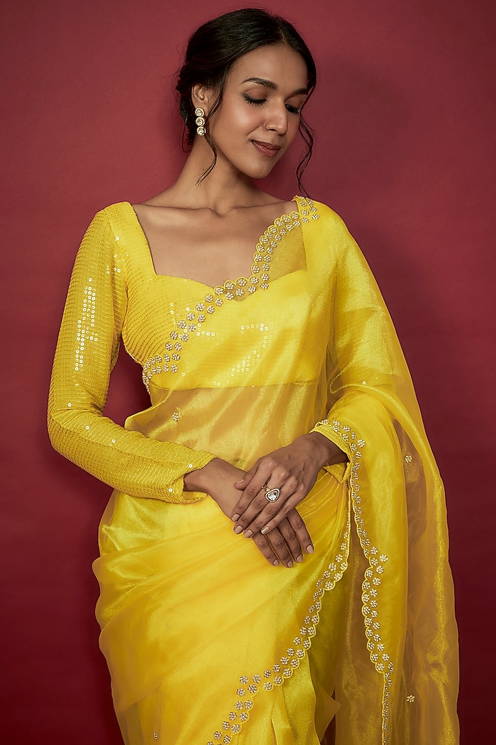 Lemon Yellow Recycled Satin Zardosi Embroidered Wedding Saree Set by Phatakaa at Pernia's Pop Up Shop