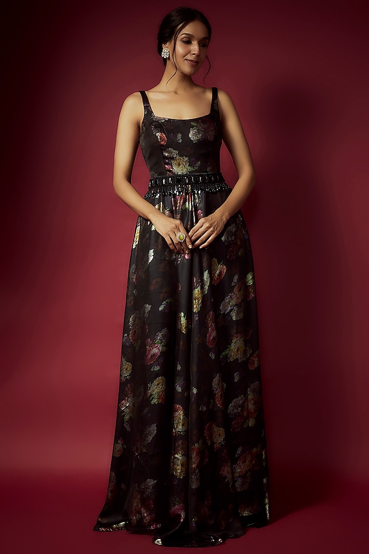 Black Recycled Polyester Foil Printed Gown With Belt by Phatakaa at Pernia's Pop Up Shop