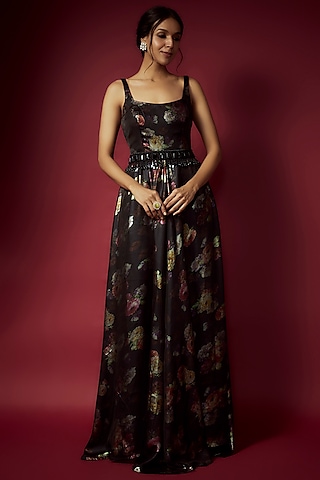 Black Recycled Polyester Foil Printed Gown With Belt by Phatakaa