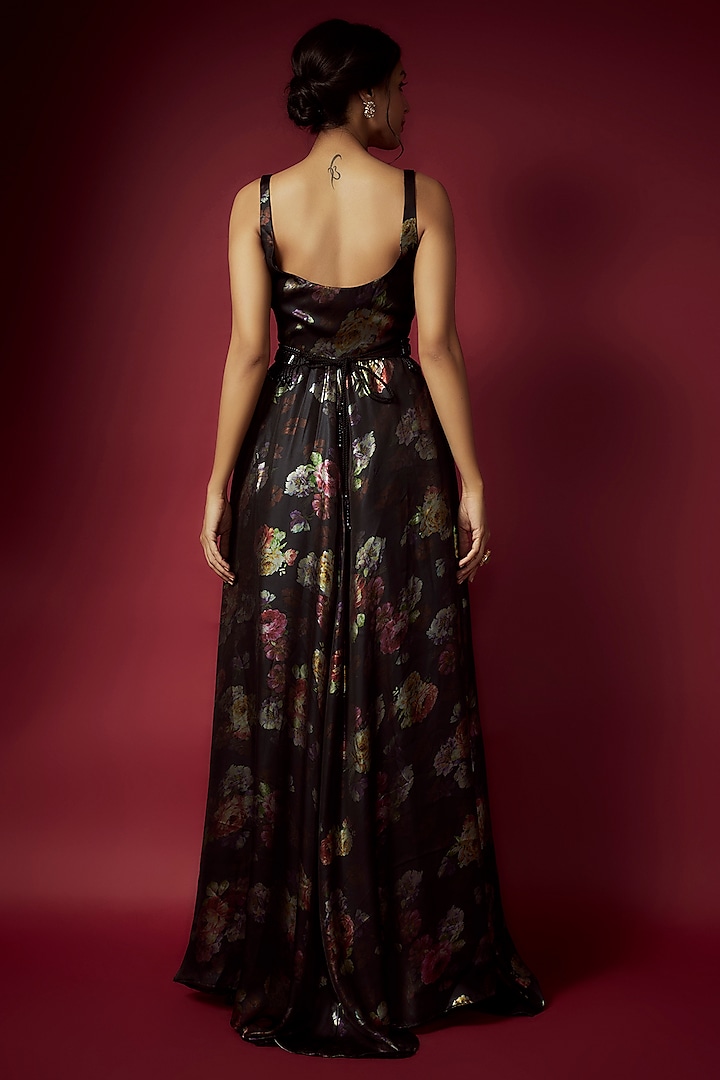 Black Recycled Polyester Foil Printed Party Wear Gown With Belt by Phatakaa at Pernia's Pop Up Shop