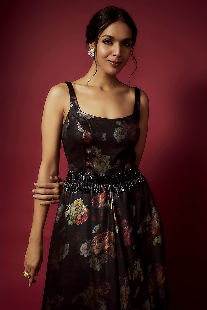 Black Recycled Polyester Foil Printed Party Wear Gown With Belt by Phatakaa at Pernia's Pop Up Shop