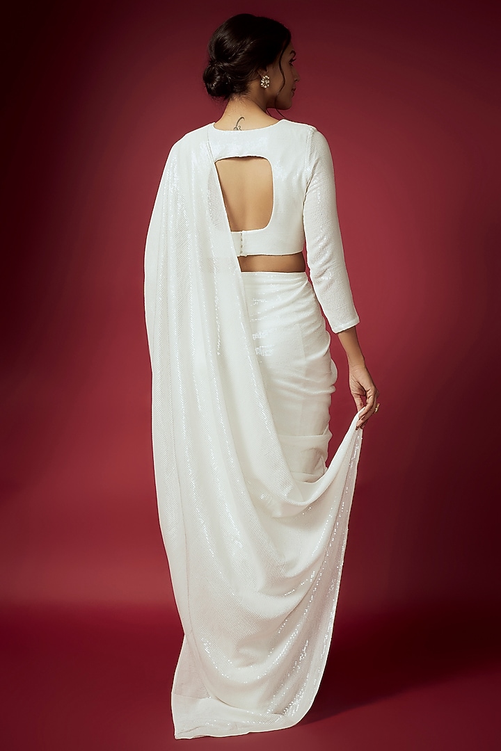 White Recycled Polyester Sequins Pre-Draped Wedding Saree Set by Phatakaa at Pernia's Pop Up Shop
