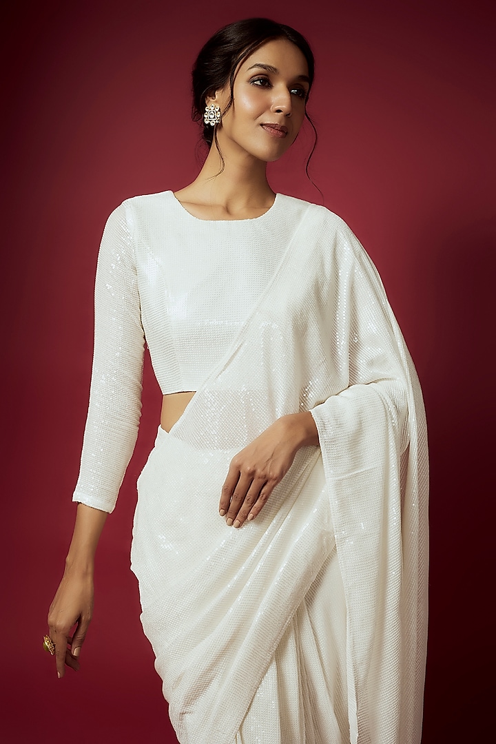 White Recycled Polyester Sequins Pre-Draped Wedding Saree Set by Phatakaa at Pernia's Pop Up Shop