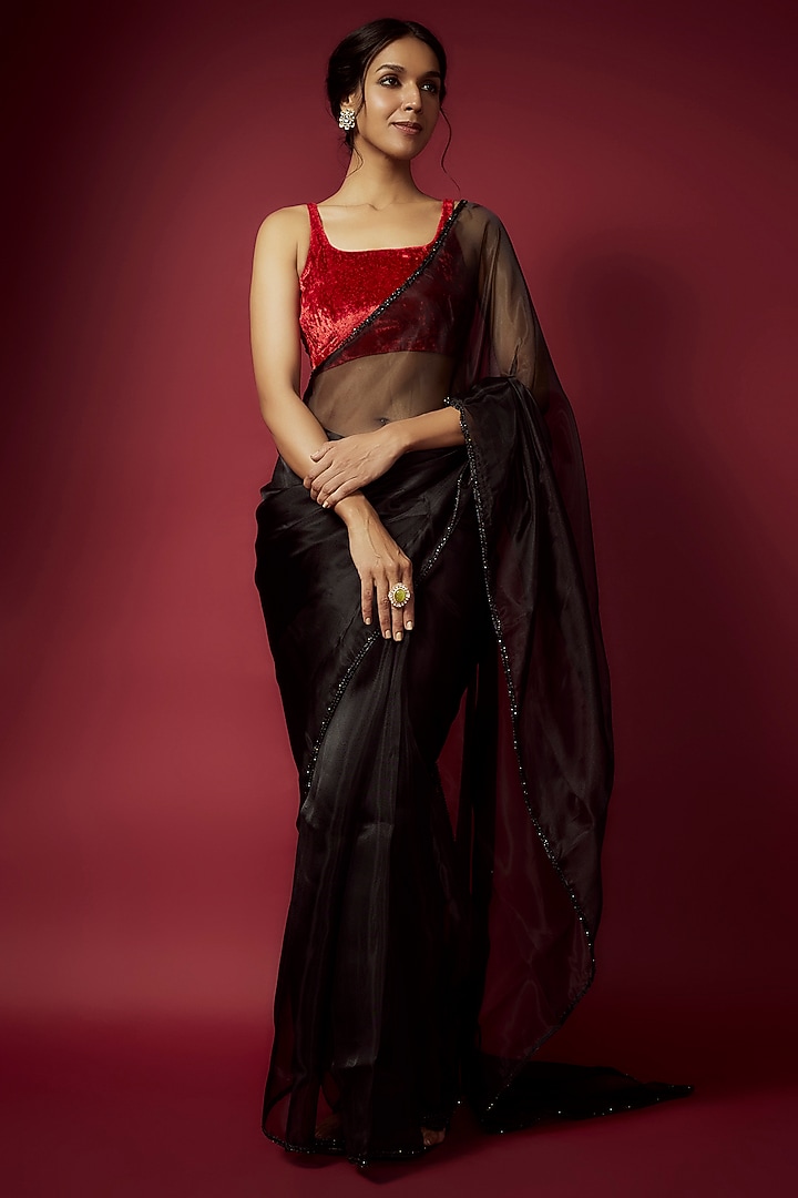 Black Organza Party Wear Saree Set by Phatakaa at Pernia's Pop Up Shop