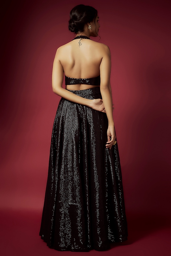 Black Recycled Polyester Sequins Wedding Lehenga Set by Phatakaa at Pernia's Pop Up Shop