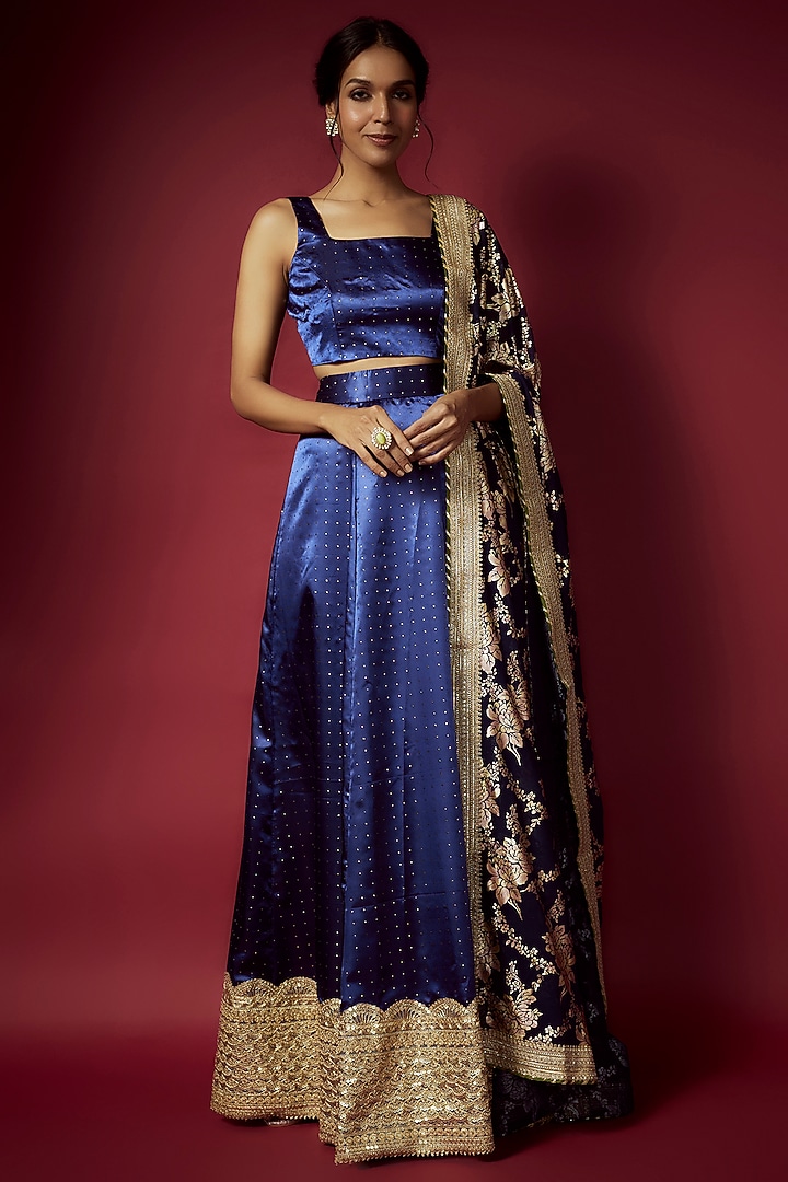 Navy Blue Recycled Polyester Printed Wedding Lehenga Set by Phatakaa at Pernia's Pop Up Shop