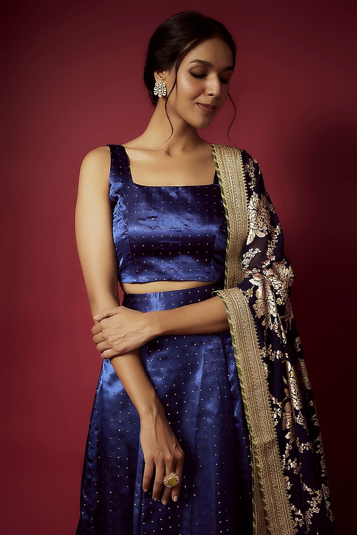 Navy Blue Recycled Polyester Printed Wedding Lehenga Set by Phatakaa at Pernia's Pop Up Shop