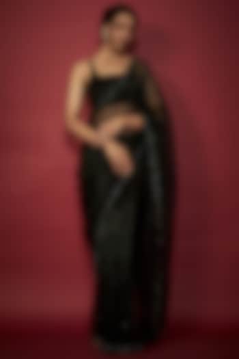 Black Silk Organza Crystal & Stone Hand Embroidered Party Wear Saree Set by Phatakaa at Pernia's Pop Up Shop