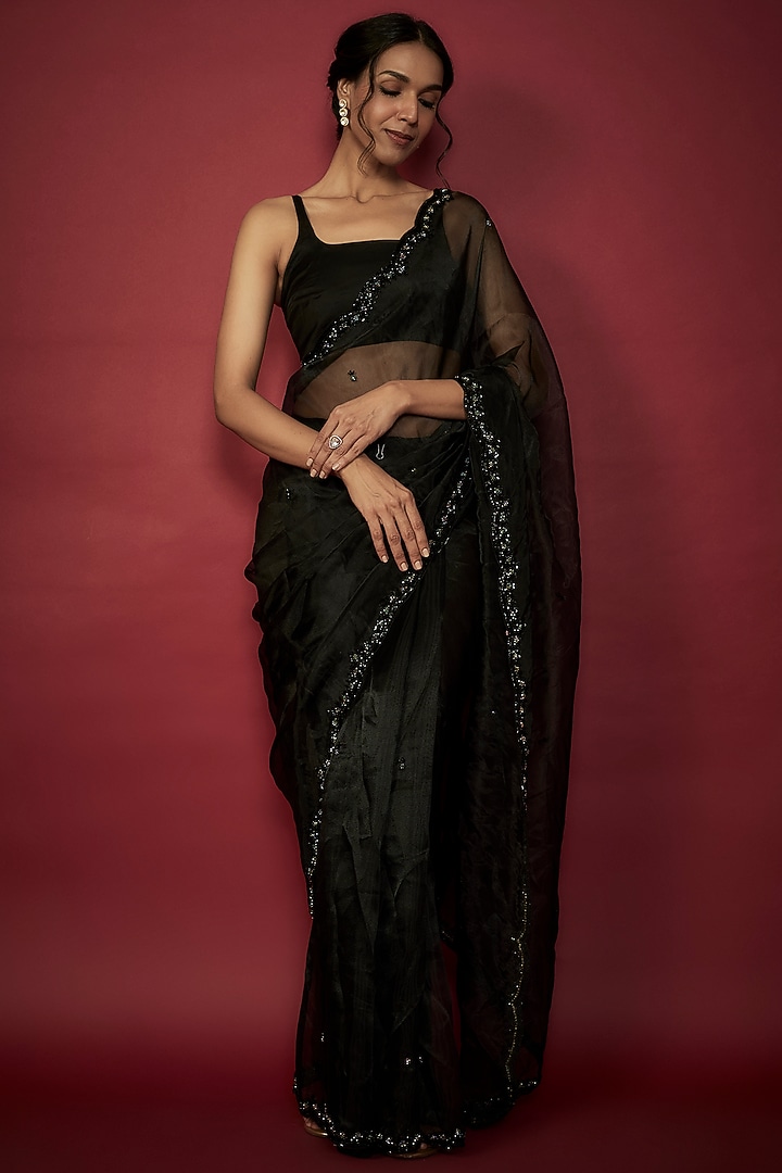Black Silk Organza Crystal & Stone Hand Embroidered Party Wear Saree Set by Phatakaa at Pernia's Pop Up Shop