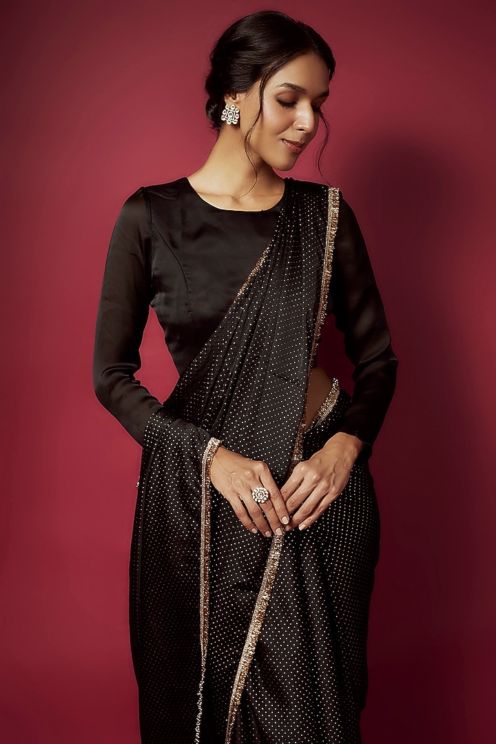Black Recycled Polyester Gota Shimmer Fringed Party Wear Saree Set by Phatakaa at Pernia's Pop Up Shop