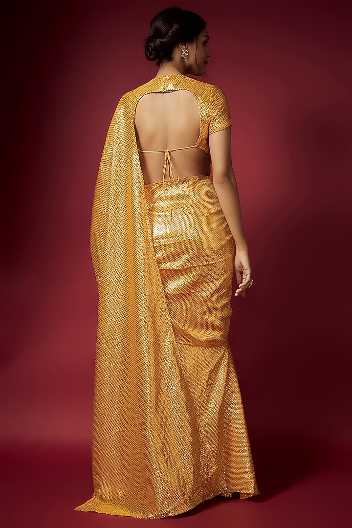 Mango Yellow Recycled Polyester Sequins Pre-Draped Wedding Saree Set by Phatakaa at Pernia's Pop Up Shop