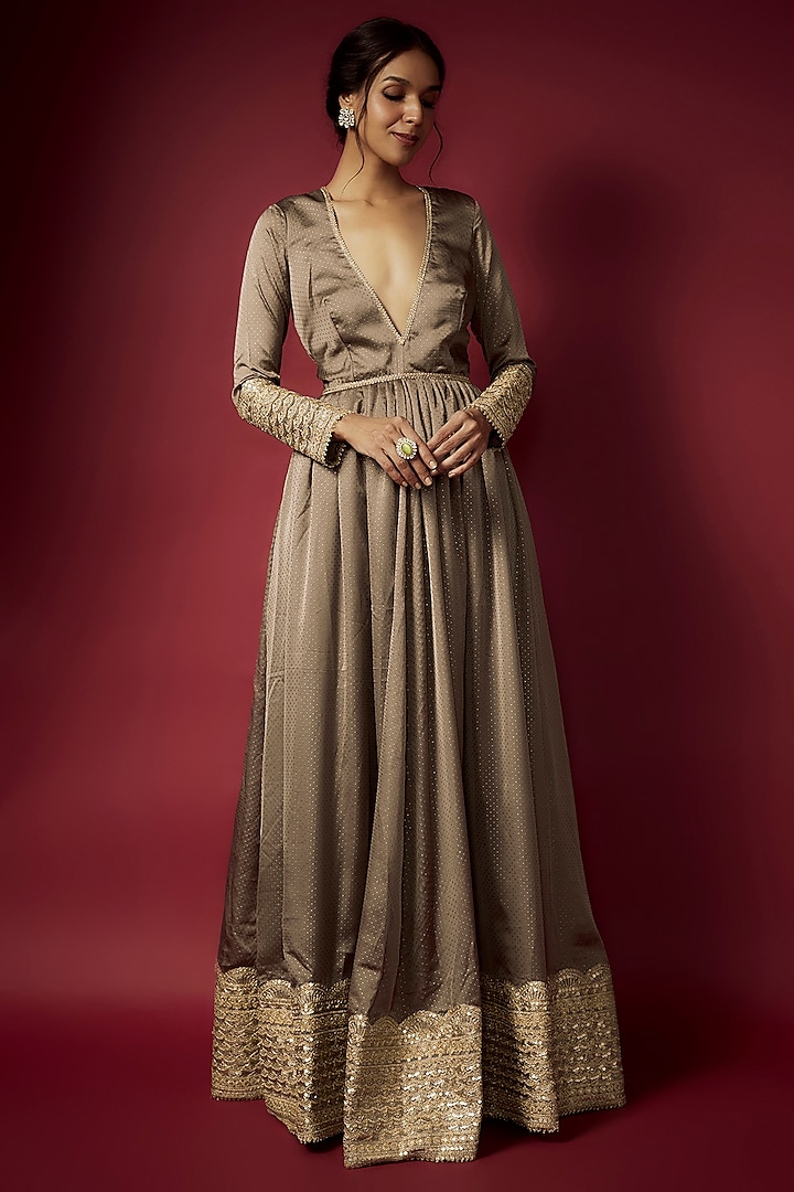 Dusty Gold Recycled Polyester Sitara Foil Printed Engagement Gown by Phatakaa at Pernia's Pop Up Shop