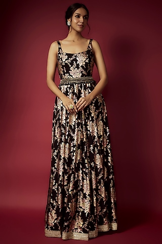 Black Recycled Polyester Foil Printed Gown With Belt by Phatakaa
