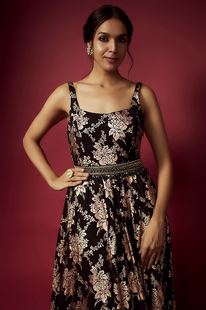 Black Recycled Polyester Foil Printed Engagement Gown With Belt by Phatakaa at Pernia's Pop Up Shop