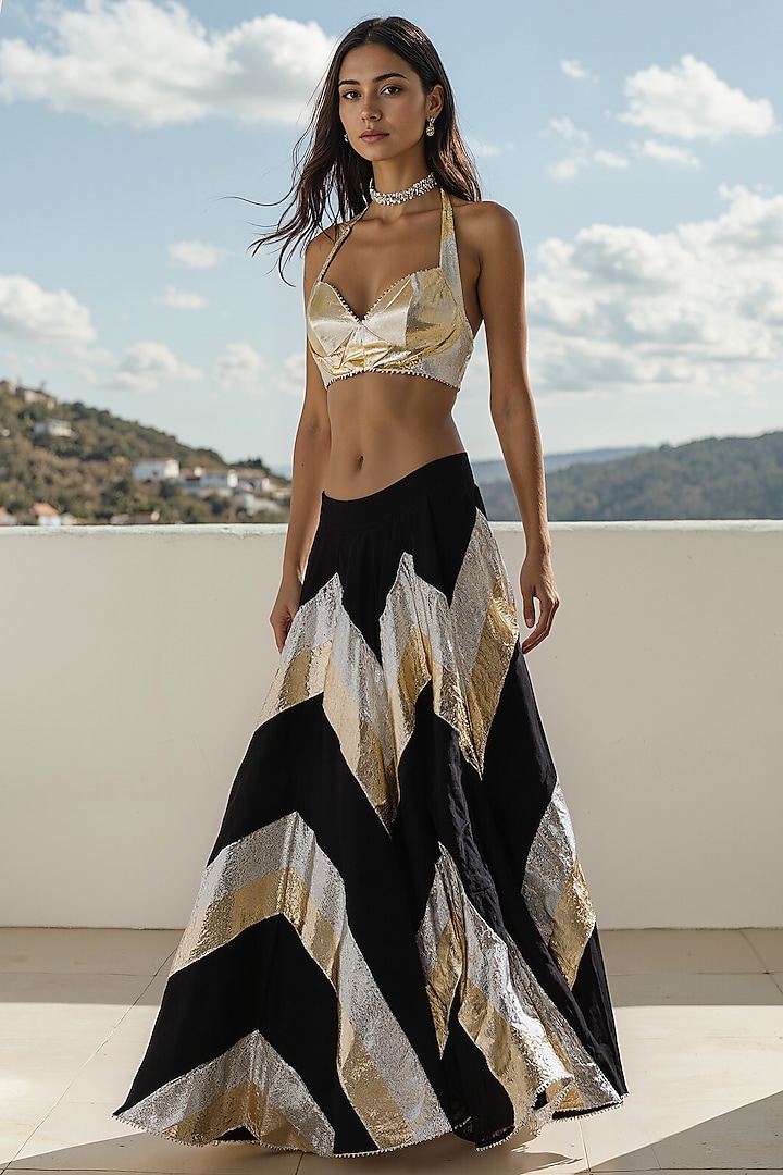 Gold & Black Recycled Polyester Gota Embroidered Wedding Lehenga Set by Phatakaa at Pernia's Pop Up Shop