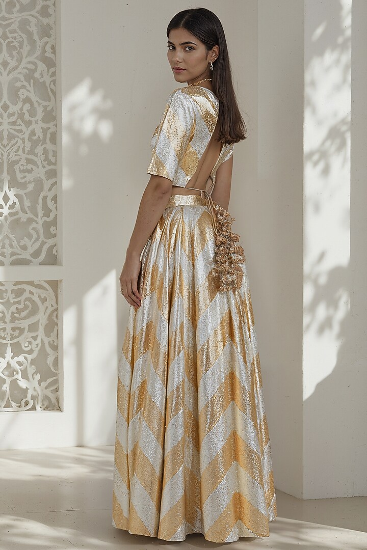 Gold Recycled Polyester Gota Embroidered Wedding Lehenga Set by Phatakaa at Pernia's Pop Up Shop