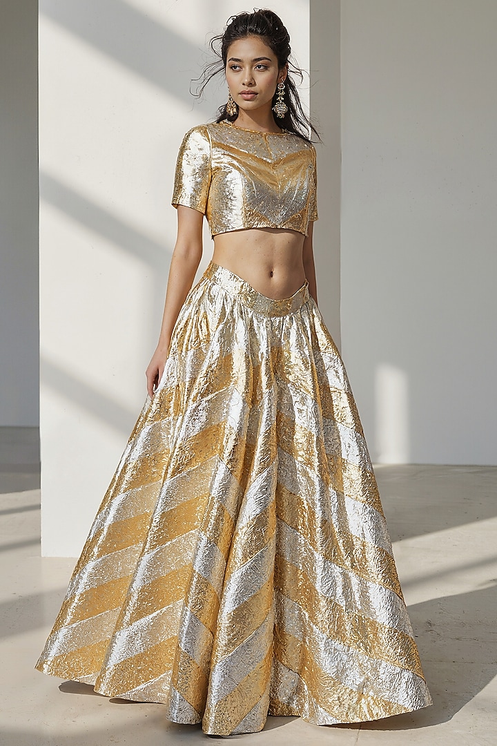Gold Recycled Polyester Gota Embroidered Wedding Lehenga Set by Phatakaa at Pernia's Pop Up Shop