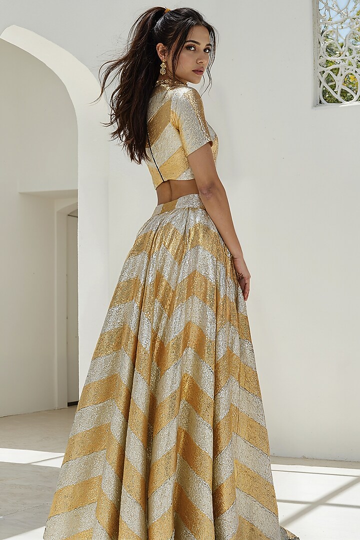 Gold Recycled Polyester Gota Embroidered Wedding Lehenga Set by Phatakaa at Pernia's Pop Up Shop