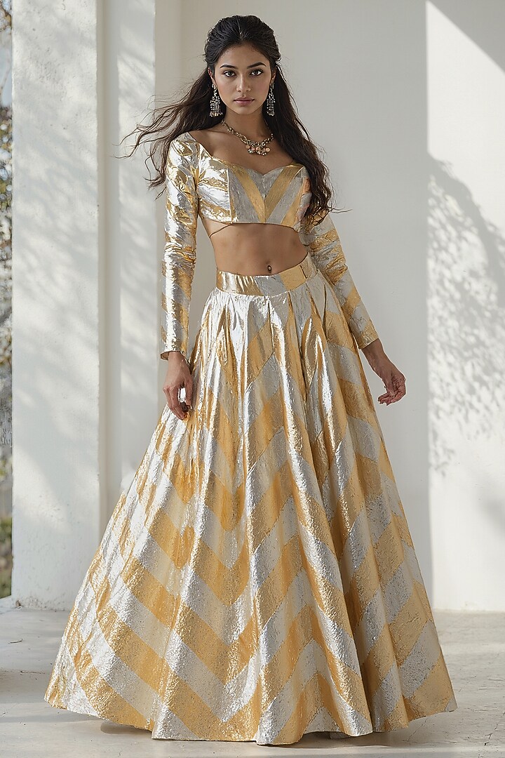 Gold Recycled Polyester Gota Embroidered Wedding Lehenga Set by Phatakaa at Pernia's Pop Up Shop
