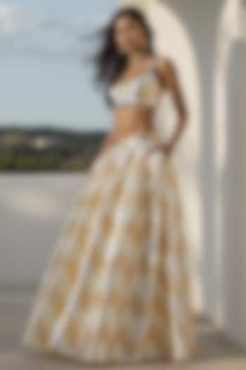 Gold Recycled Polyester Gota Embroidered Wedding Lehenga Set by Phatakaa at Pernia's Pop Up Shop