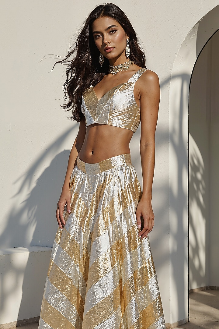 Gold Recycled Polyester Gota Embroidered Wedding Lehenga Set by Phatakaa at Pernia's Pop Up Shop
