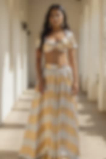 Gold Recycled Polyester Gota Embroidered Wedding Lehenga Set by Phatakaa at Pernia's Pop Up Shop