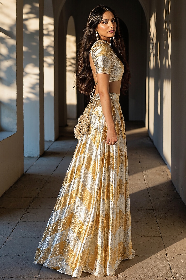 Gold Recycled Polyester Gota Embroidered Wedding Lehenga Set by Phatakaa at Pernia's Pop Up Shop