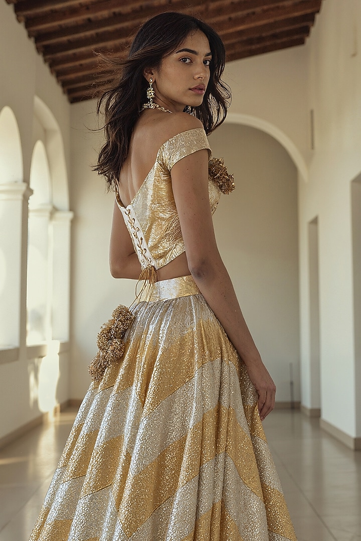 Gold Recycled Polyester Gota Embroidered Wedding Lehenga Set by Phatakaa at Pernia's Pop Up Shop