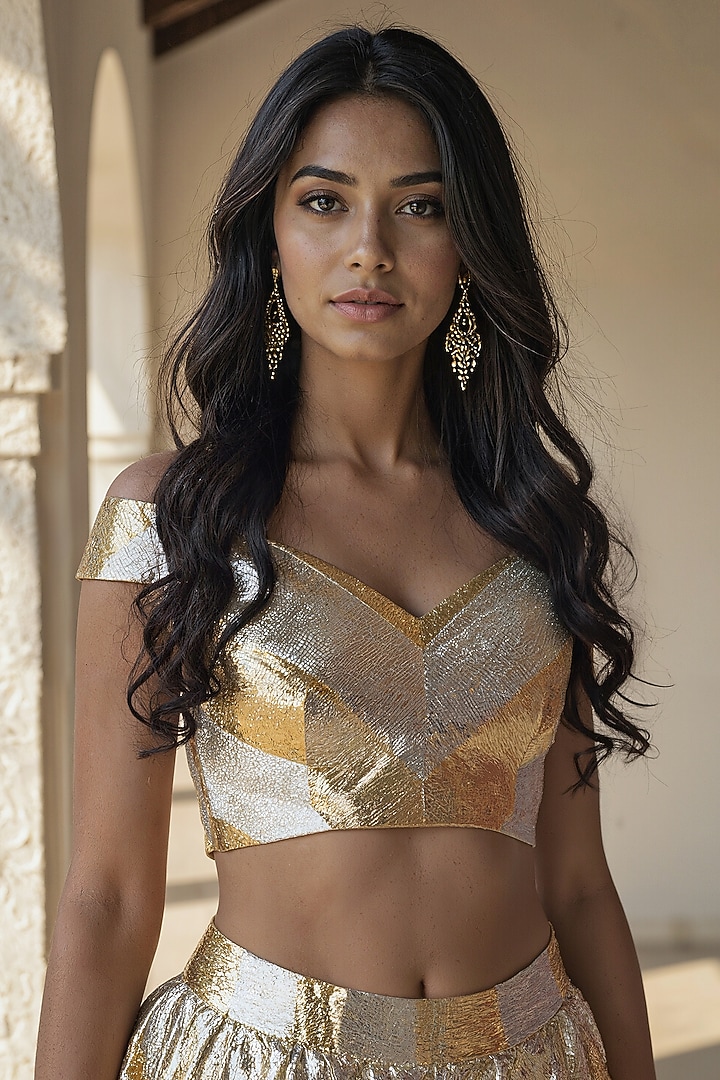 Gold Recycled Polyester Gota Embroidered Wedding Lehenga Set by Phatakaa at Pernia's Pop Up Shop