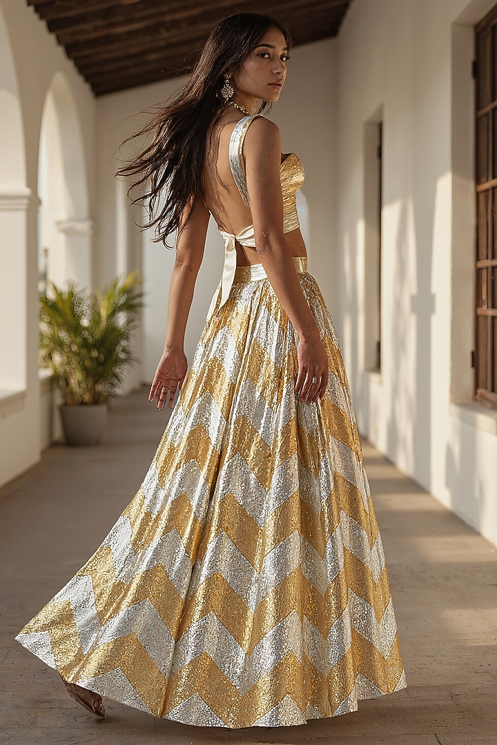 Gold Recycled Polyester Gota Embroidered Wedding Lehenga Set by Phatakaa at Pernia's Pop Up Shop