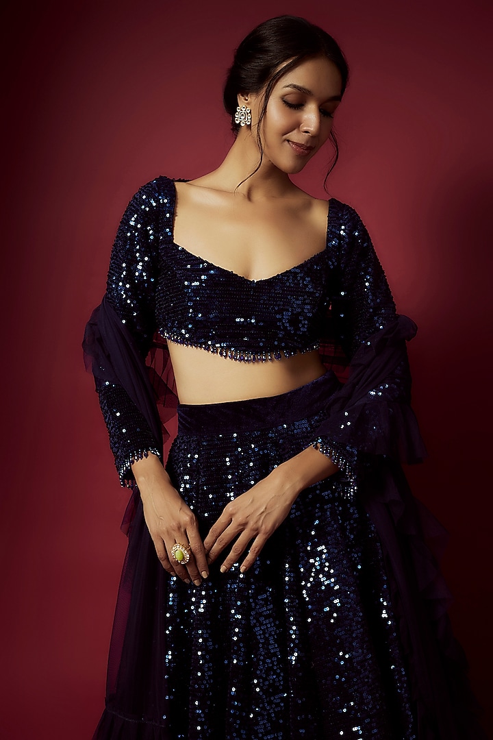 Navy Blue Recycled Polyester Sequins Wedding Lehenga Set by Phatakaa at Pernia's Pop Up Shop