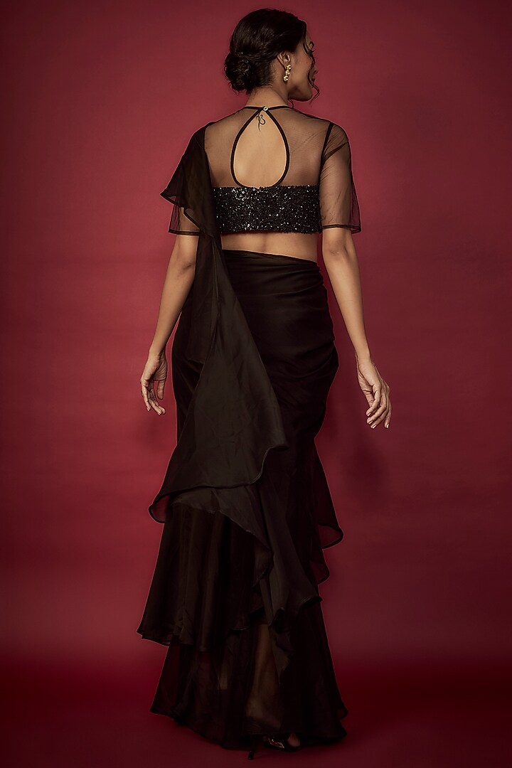 Black Satin Georgette Ruffled Pre-Draped Wedding Saree Set by Phatakaa at Pernia's Pop Up Shop