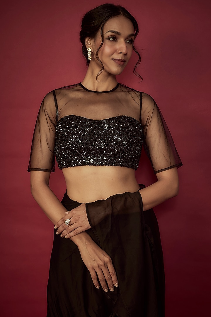 Black Satin Georgette Ruffled Pre-Draped Wedding Saree Set by Phatakaa at Pernia's Pop Up Shop