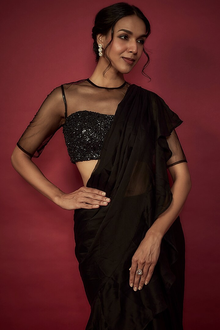Black Satin Georgette Ruffled Pre-Draped Wedding Saree Set by Phatakaa at Pernia's Pop Up Shop