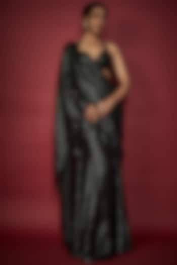 Black Recycled Polyester Sequin Embroidered Pre-Draped Wedding Saree Set by Phatakaa at Pernia's Pop Up Shop