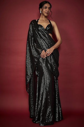 Black Recycled Polyester Sequin Embroidered Pre-Draped Saree Set by Phatakaa
