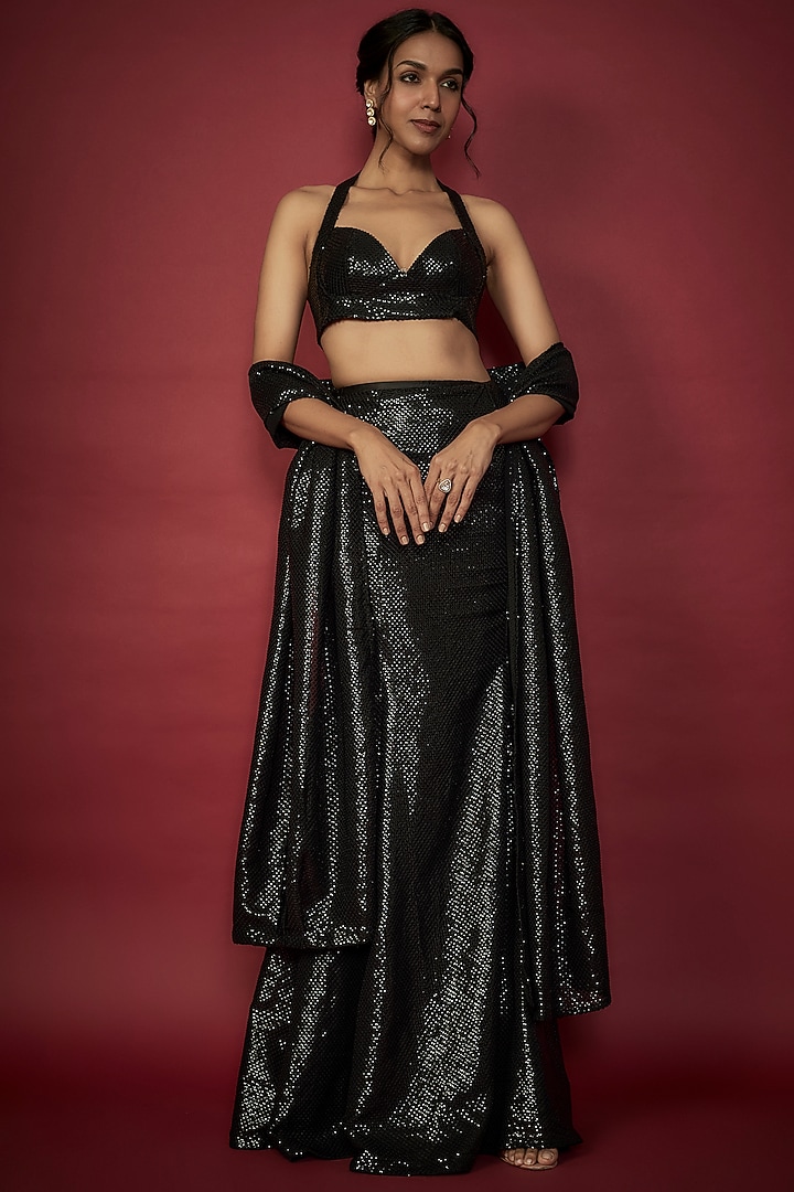 Black Recycled Polyester Sequin Embroidered Pre-Draped Wedding Saree Set by Phatakaa at Pernia's Pop Up Shop