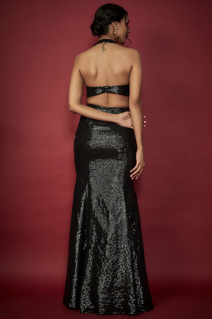 Black Recycled Polyester Sequin Embroidered Pre-Draped Wedding Saree Set by Phatakaa at Pernia's Pop Up Shop