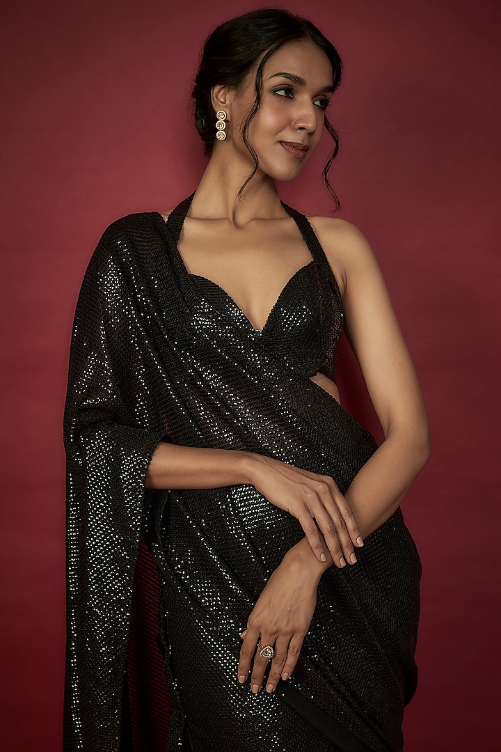 Black Recycled Polyester Sequin Embroidered Pre-Draped Wedding Saree Set by Phatakaa at Pernia's Pop Up Shop