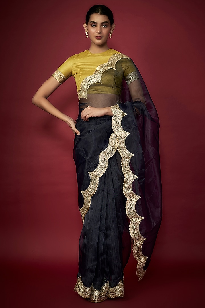 Navy Blue Organza Metallic Embroidered Scalloped Party Wear Saree Set by Phatakaa at Pernia's Pop Up Shop