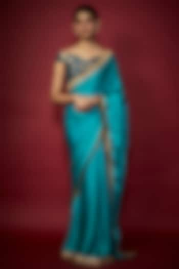 Teal Blue Recycled Polyester Gota Fringed Saree Set by Phatakaa at Pernia's Pop Up Shop