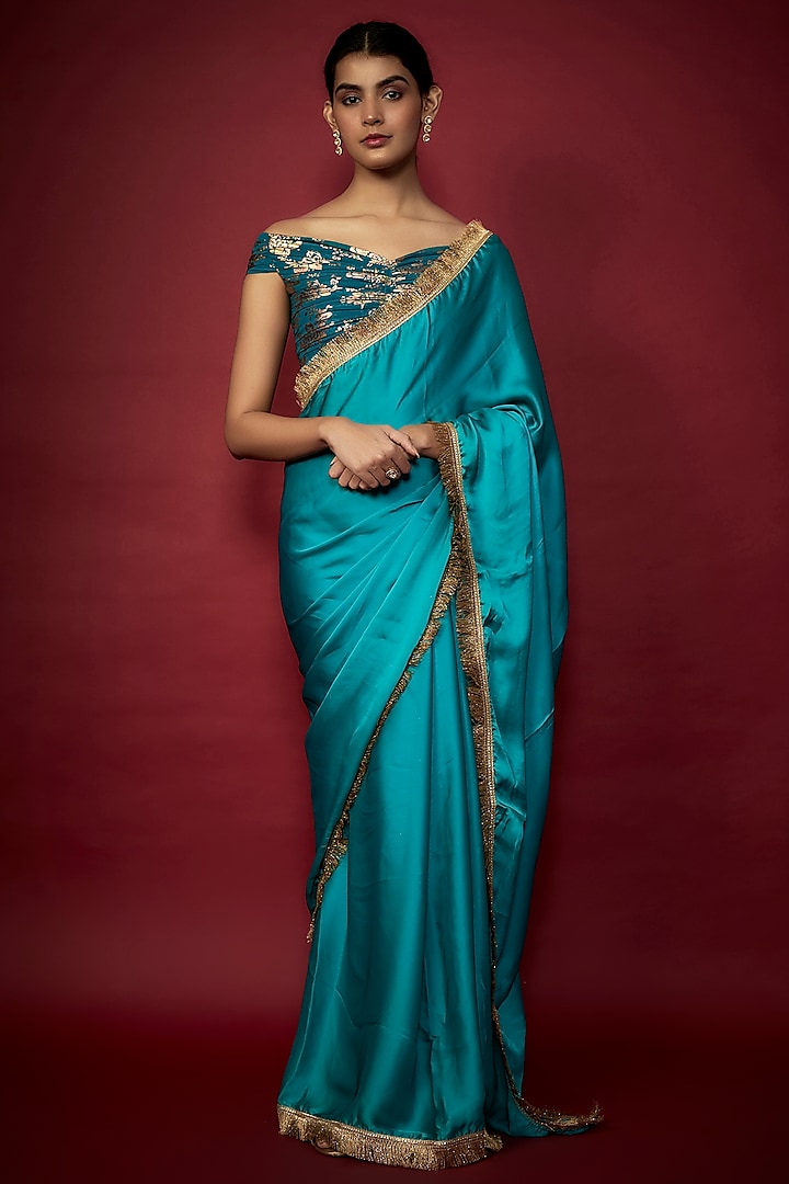 Teal Blue Recycled Polyester Gota Fringed Saree Set by Phatakaa at Pernia's Pop Up Shop