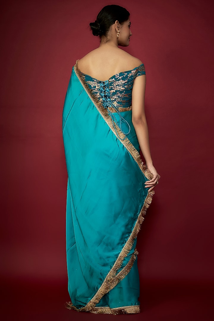 Teal Blue Recycled Polyester Gota Fringed Party Wear Saree Set by Phatakaa at Pernia's Pop Up Shop