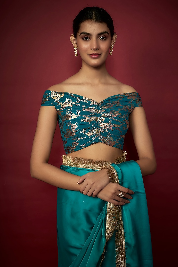 Teal Blue Recycled Polyester Gota Fringed Party Wear Saree Set by Phatakaa at Pernia's Pop Up Shop