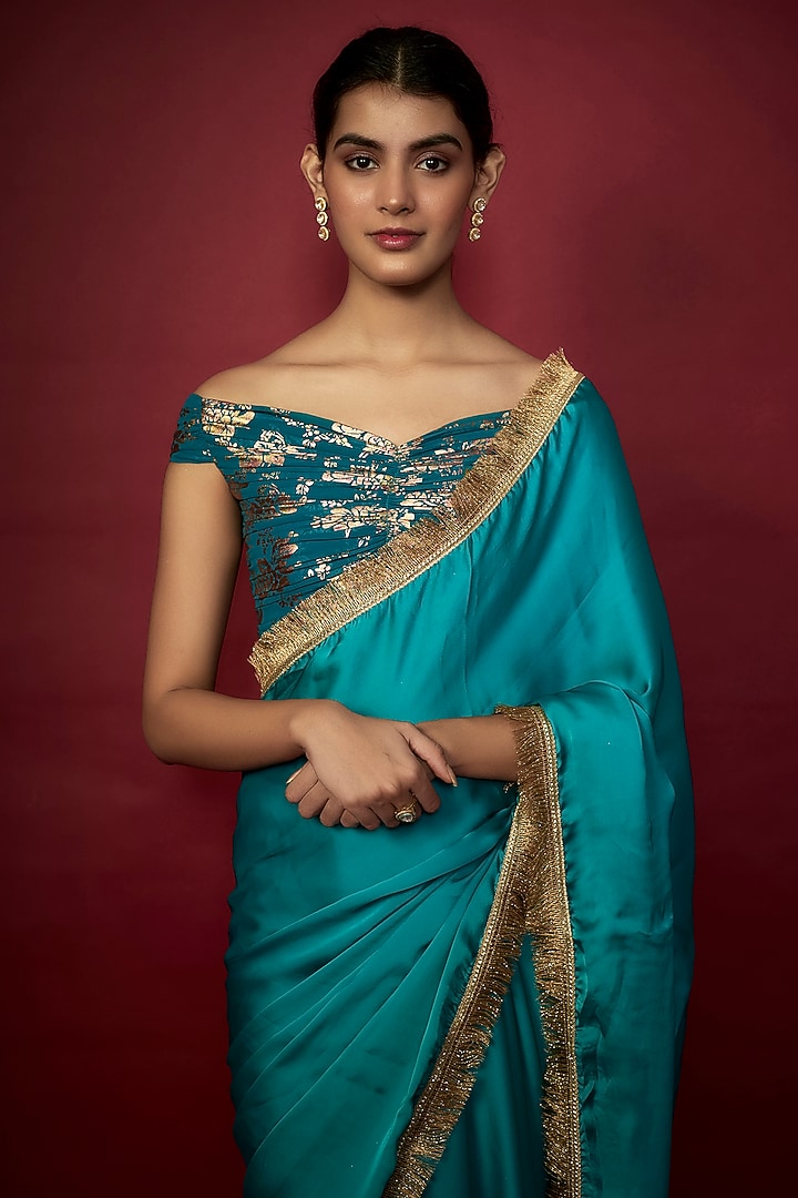 Teal Blue Recycled Polyester Gota Fringed Party Wear Saree Set by Phatakaa at Pernia's Pop Up Shop
