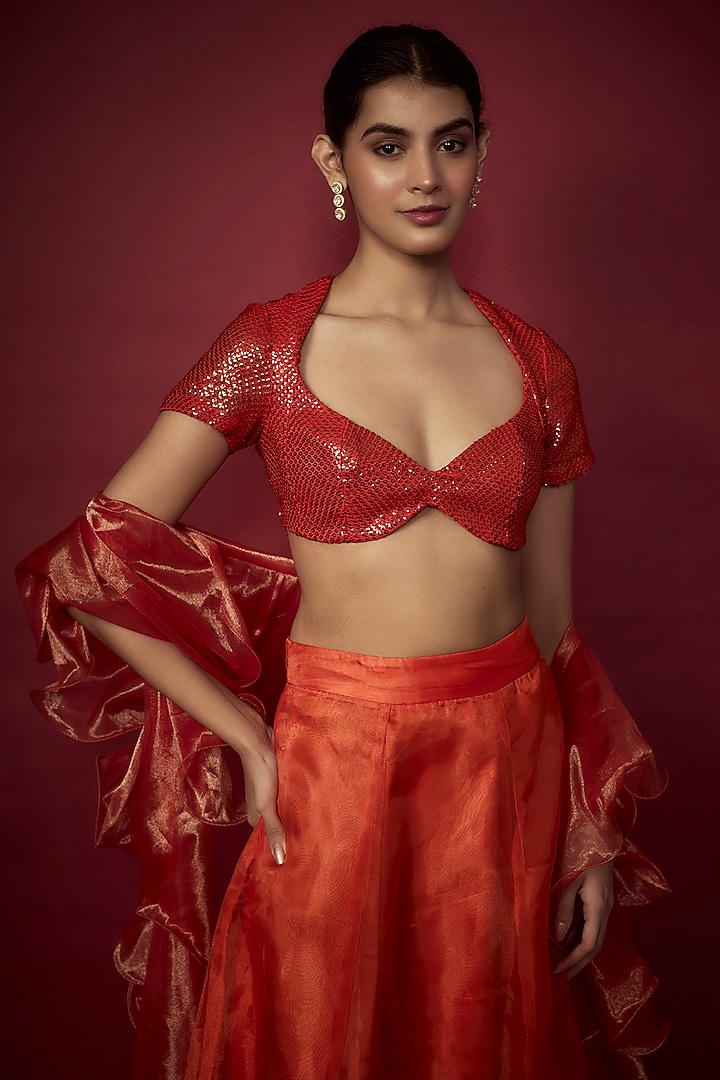 Orange Organza Wedding Lehenga Set by Phatakaa at Pernia's Pop Up Shop