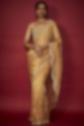 Gold Silk Organza Bead Hand Embroidered Wedding Saree Set by Phatakaa at Pernia's Pop Up Shop