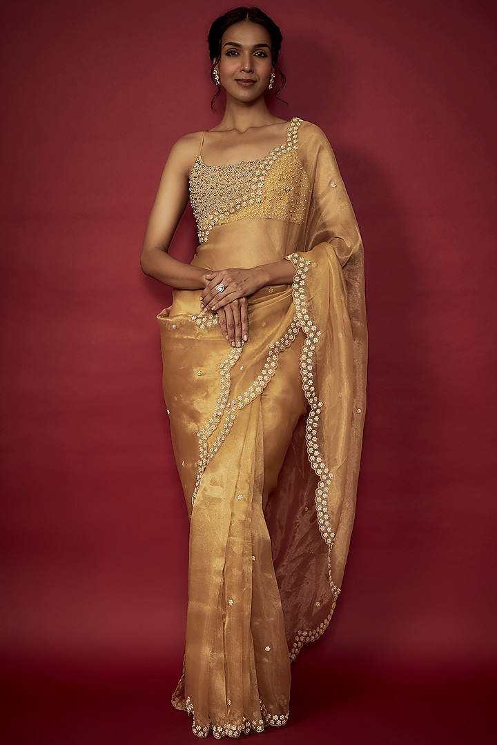 Gold Silk Organza Bead Hand Embroidered Wedding Saree Set by Phatakaa at Pernia's Pop Up Shop