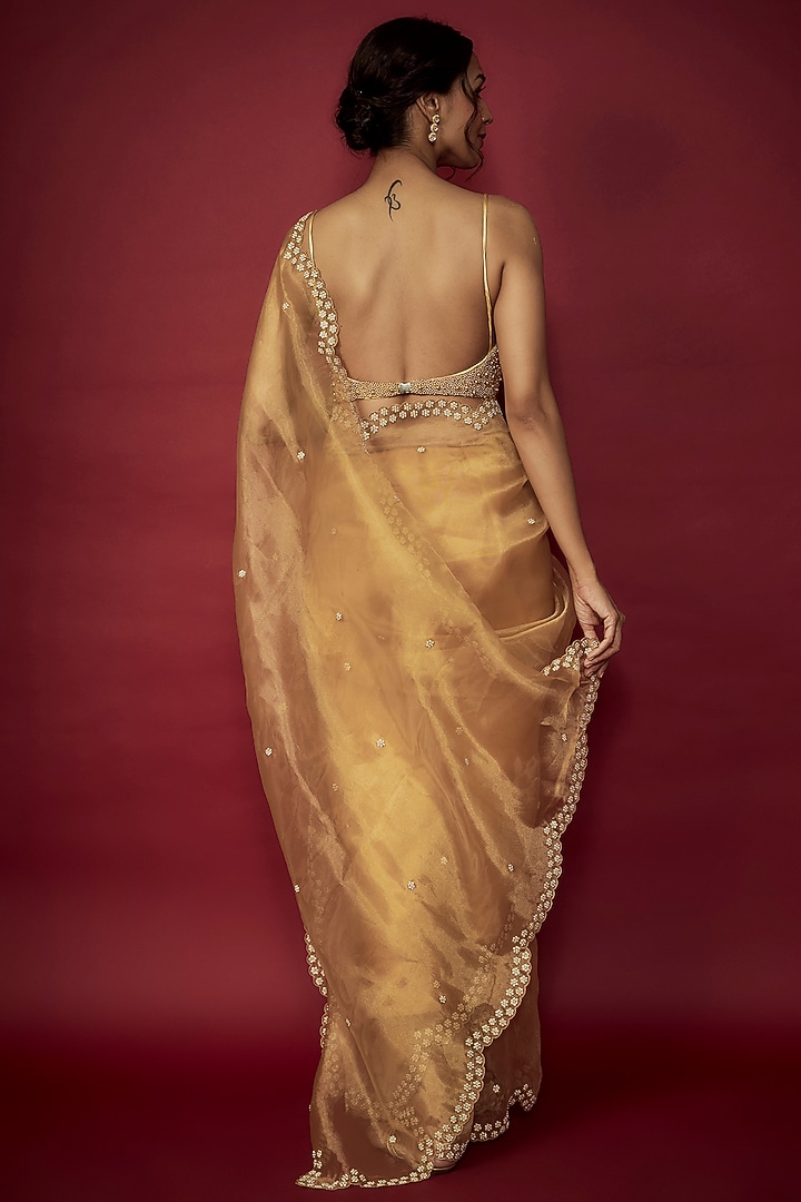 Gold Silk Organza Bead Hand Embroidered Wedding Saree Set by Phatakaa at Pernia's Pop Up Shop